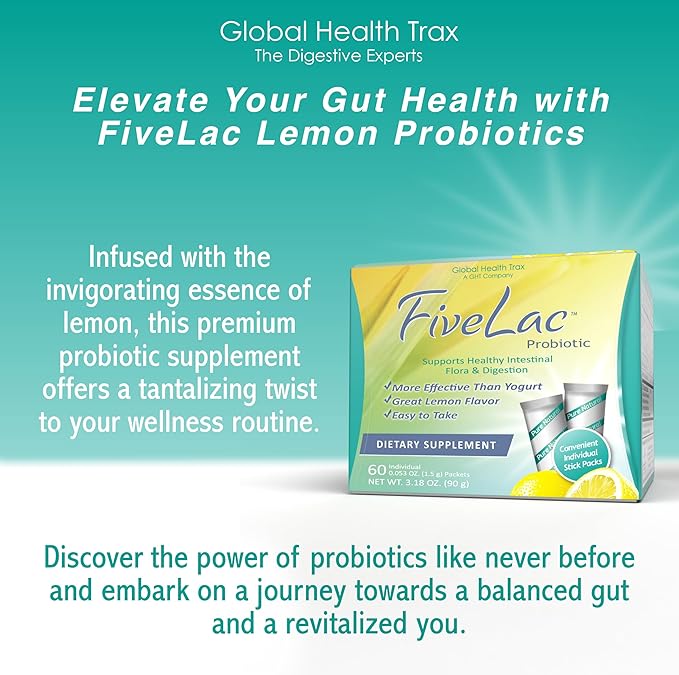 Global Health Trax GHT - FiveLac Lemon Probiotic Powder Drink Mix, Probiotics for Women, Men, Kids - Smooth Digestive Support & Elimination – Relieve Constipation & Gas - 60 Packets, 3.18 Oz, Non-GMO