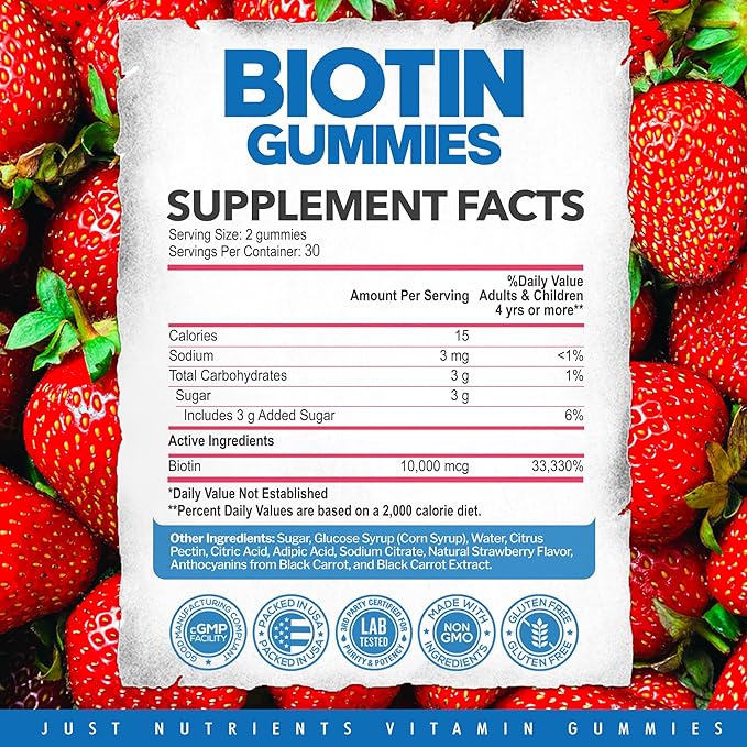 Biotin 10,000mcg Gummies for Hair Growth, Skin & Nails - 2x Maximum Strength Biotin Vitamins for Women & Men - Gluten-Free, Vegan, Non-GMO, Great Tasting Strawberry Flavor - 60 Gummies (1 Month)