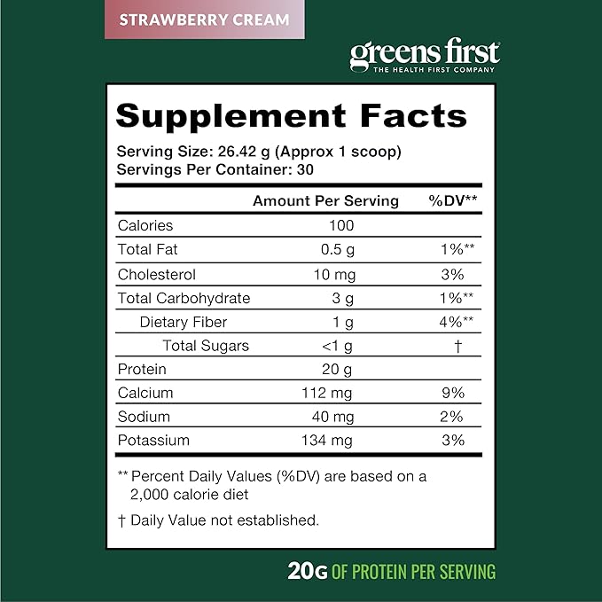 Greens First Dream Protein Powder Whey - 20g Protein per Serving - Hormone-Free with Prebiotics - Non-GMO - No Artificial Sweeteners/MSG/Aspartame - Strawberry Cream - 27.96 oz