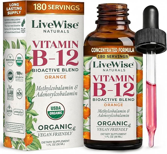 Organic Vitamin B12 1000 mcg Sublingual Liquid Drops For Adults, 6 Months Supply 1 oz, Methylcobalamin & Adenosylcobalamin - Bioactive Blend for Energy, Clarity & Focus - Vegan, Non-GMO, Orange Flavor