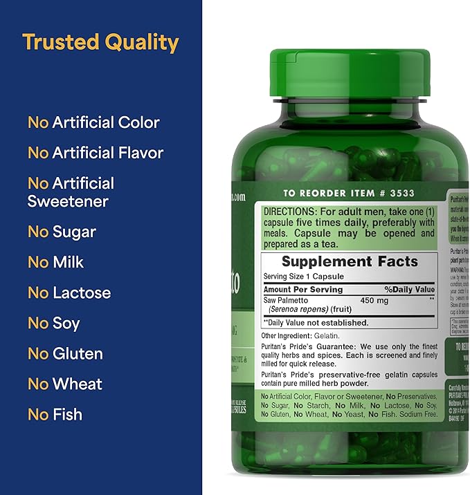 Puritan's Pride Flow Guard™ Saw Palmetto Extract 450mg, Natural Whole Herb Traditional Herbal Dietary Supplement for Mens Prostate and Urinary Health Support, 200 Rapid Release Capsules
