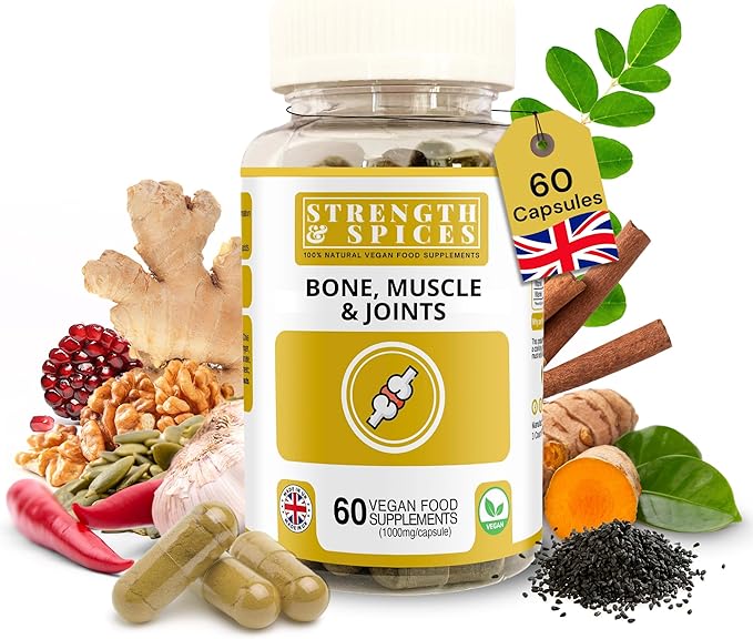 Strength & Spices Bone, Muscle & Joints 100% Natural Supplement – 28 Ingredients w Turmeric - 60 Vegan UK Made 1000mg Capsules – Mobility and Flexibility Support
