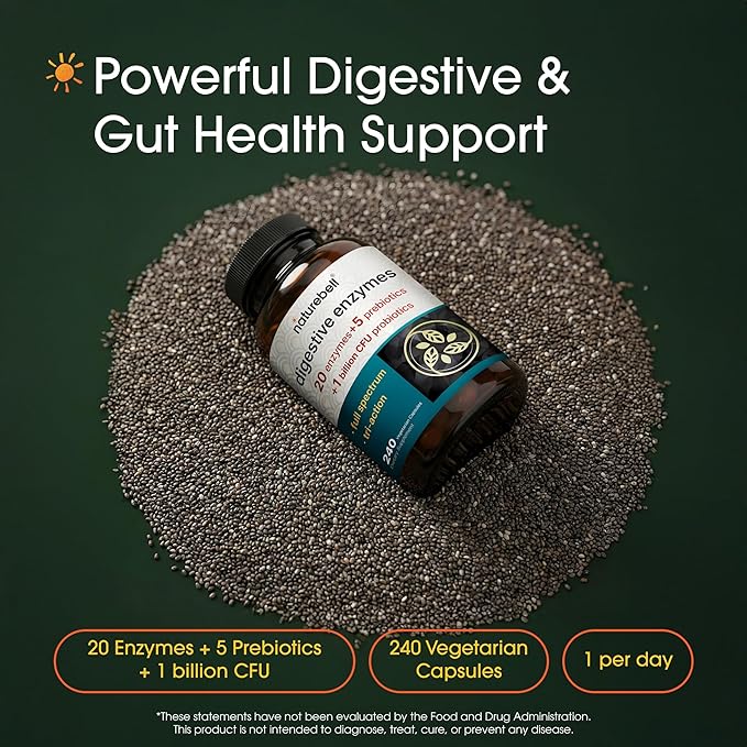 NatureBell Digestive Enzymes - 240 Capsules - Gut & Digestive Health Support Supplement* - with 20 Enzymes, 5 Prebiotics & 10-Strand Probiotic Blend