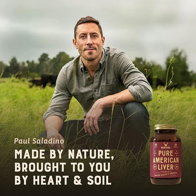 HEART & SOIL 100% Grass Fed & Finished Pure American Beef Liver Supplement from Pasture-Raised Cattle – Beef Liver Capsules – Nature’s Ultimate Superfood – Made in USA – Glass Bottle – 180 Capsules