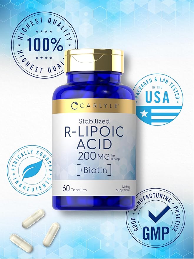 Carlyle R-Lipoic Acid 200mg | 60 Capsules | Stabilized RLA with Biotin | Non-GMO, Gluten Free