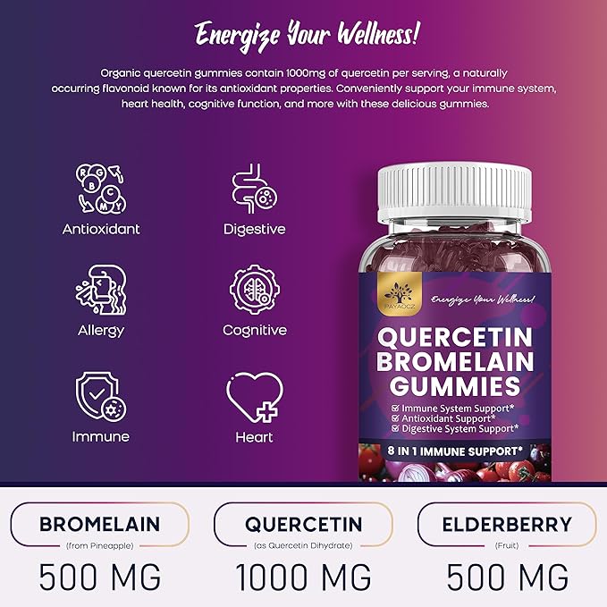 (3 Pack) Quercetin Gummies with Bromelain Zinc Elderberry Vitamin C D3 K2, Quercetin 1000mg Supplement with Bromelain 500mg for Cardiovascular, Immune System & Allergy, Vegan Gummy for Adult & Kid