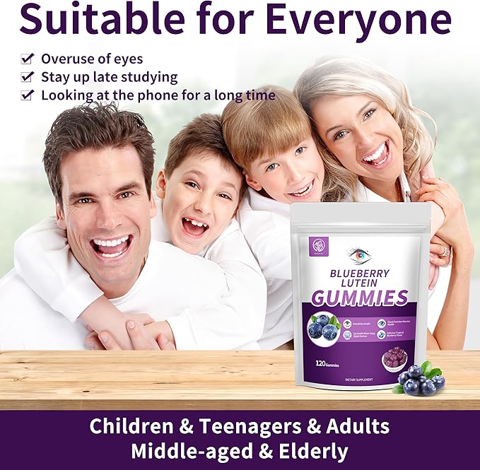 Blueberry Lutein Gummies with 120 Count - 2 Month Supply, Eye Health Support Supplement for Kids and Adult, Contains Blueberry Juice (30 mg/Gummy) & Lutein (20 mg/Gummy)