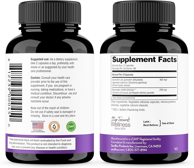Quercetin with Bromelain Vegetarian Supplement Capsules | 240 Count (1000mg Per Serving 2400 GDU/g) | Supports Healthy Immune System, Helps With Seasonal Allergy Support | High Absorption Antioxidant