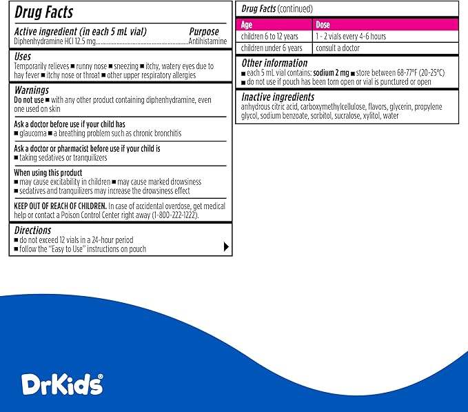 Dr. Kids Children's Allergy Relief Medicine with Diphenhydramine HCl 12.5 mg - Pre-Measured Single-Use Vials, Kids Antihistamine for Sneezing, Runny Nose & Itchy Eyes, Mixed Berry Flavor, 48 Count