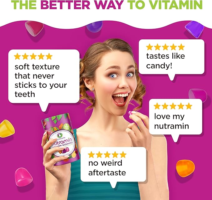 NUTRAMIN Daily Vegan Keto Multivitamin Gummies Non-GMO Natural Vitamin C, D + Zinc for Immunity, Plant-Based, Sugar-Free, Nut-Free, Gluten-Free, Biotin, Vitamin A, B, B6, B12 & More 45 Days (90 Count)
