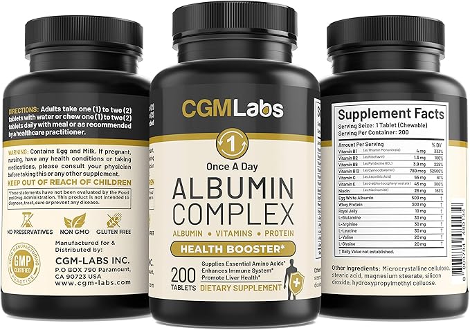 Premium Albumin Complex - Egg White & Whey Protein Blend with Royal Jelly & Essential Amino Acids - Daily Muscle Recovery & Nutrition Supplement - 200 Tablets