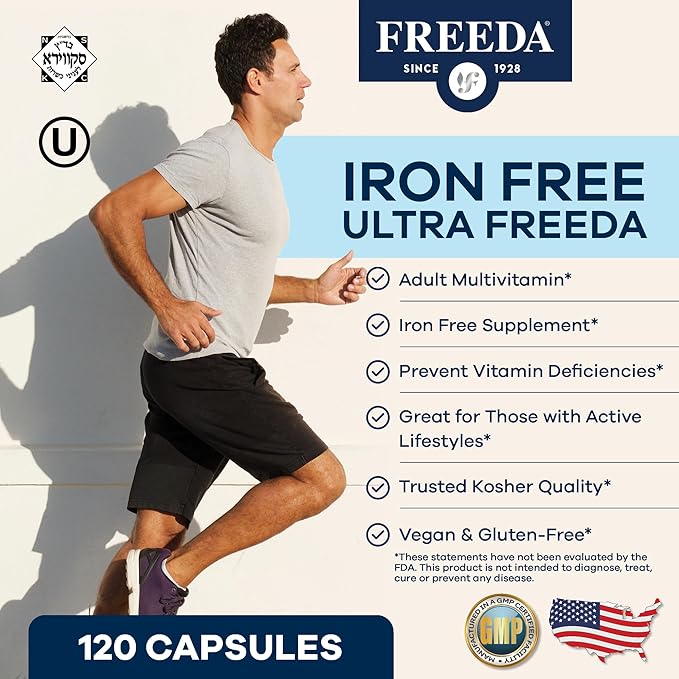 Freeda Maximum Strength Multivitamin – High Potency Daily Supplement for Active Adults (Men & Women) – Iron Free – SCD Diet Compatible – 120 Capsules – Ultra-Freeda