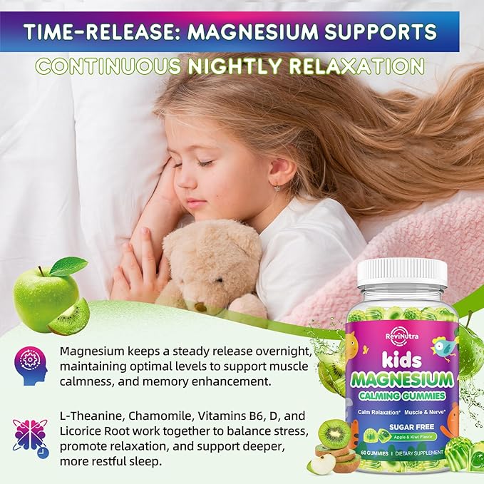 2 Pack Kids Magnesium Gummies - Magnesium Glycinate Gummies for Kids & Adults with L-Theanine, Chamomile, Licorice, Vitamin D, B6 for Sleep, Relaxation, Brain & Muscle - Sugar Free Apple & Kiwi