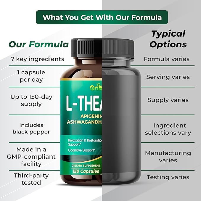 GriMed L-Theanine 11,900mg- X10 Power with Apigenin, GABA Ashwagandha, Rhodiola - Relaxation & Restoration Focus and Memory (150 Count (Pack of 1))