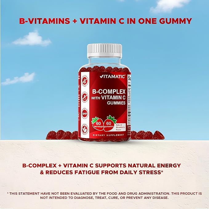 Vitamatic Vitamin B Complex Gummies with Vitamin C & Inositol - Natural Strawberry Flavor - 60 Gummies (3 Bottles)