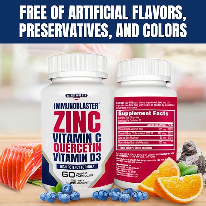(2 Pack) Zinc Quercetin Vitamin C 800 mg with Vitamin D3 Antioxidant Immune Support High Potency Quercetin Zinc Supplement for Men and Women - Gluten, Soy, & Dairy Free - 120 Count (Twin Pack)