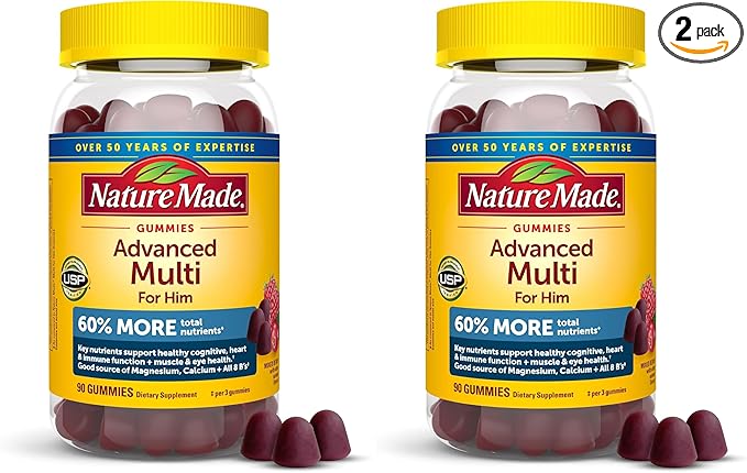 Nature Made Advanced Multivitamin Gummies for Him with Magnesium Citrate,Calcium & All 8 B Vitamins,Multivitamin for Men,90 Gummies,30 Day Supply,(Pack of 2)
