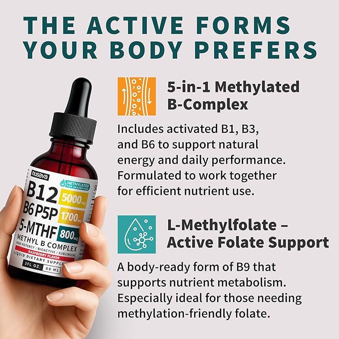 (2-Pack) Methylated B Complex Liquid Drops with Active L-Methylfolate - B12 Sublingual Drops, Vitamin B Complex - Vegan B 12 Vitamin 5000mcg, Non-GMO, Raspberry Flavor, No Sugar, 2 Fl oz, 80 Servings
