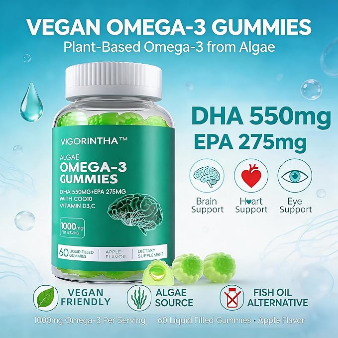 Vegan Omega-3 Algae Oil Supplement with DHA 300mg & EPA 150mg, Plant-Based Omega-3 with Vitamin D3 & K2, Fish-Free Algal Oil Softgels for Men & Women, 2 Pack, 120 Softgels, 60 Day Supply