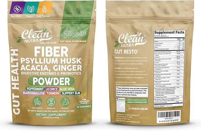 GutResto Fiber Supplement Psyllium Husk Powder Probiotic Gut Health Digestive Enzymes Prebiotic L-Glutamine Slippery Elm Aloe Vera Marshmallow Root Turmeric Ginger Peppermint by Clean Nutra 30 Svgs
