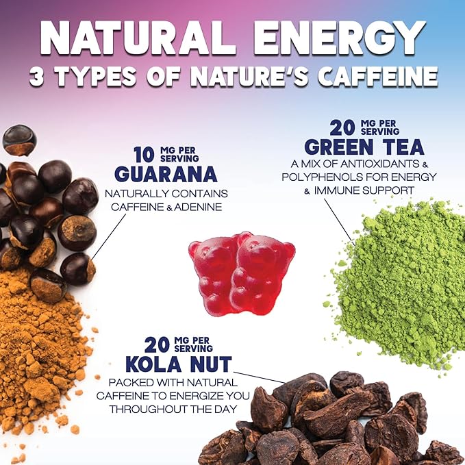 Energy Gummies - Vitamin B12 1000 mcg Per Serving - Daily Energy Gummy with Natural Caffeine from Green Tea, Berry Flavor B12 Chewable Exercise Supplement for Running Cycling & Sports - 60 Gummies