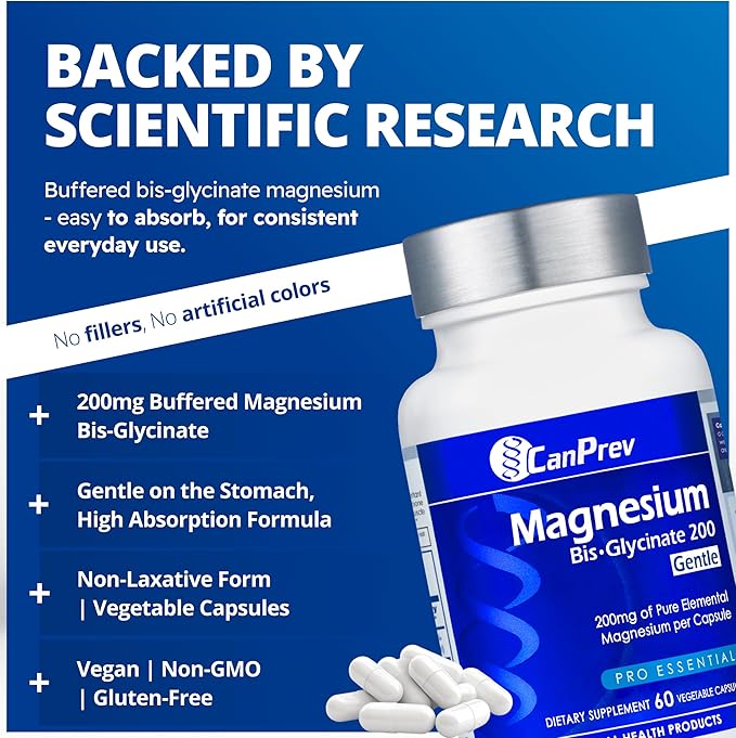 CanPrev Magnesium BisGlycinate 200mg Gentle 60 Veg Caps, 60-Day Supply, Chelated Magnesium Supplement for Bone & Muscle Support, Easy to Digest, Promote Relaxation & Comfort, Vegan, Non-GMO, No Sugar
