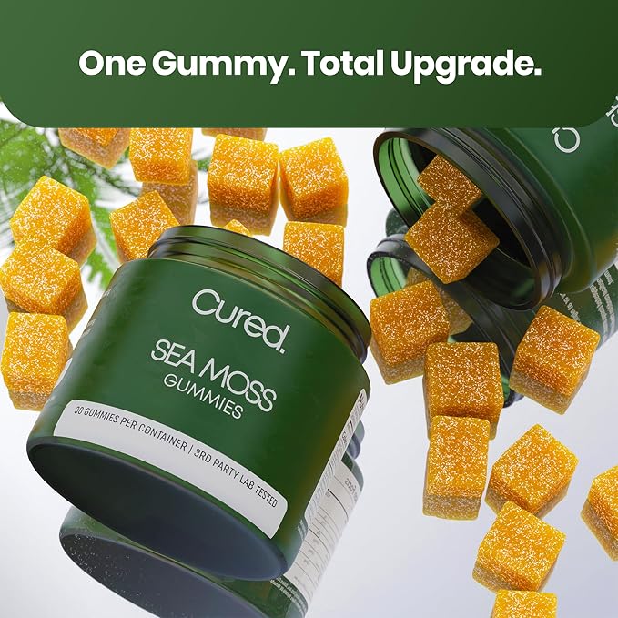 Cured Sea Moss Gummies | Made in America w/Raw Sea Moss, Bladderwrack, & Burdock Root | Potent Seamoss Gummies for Immune, Gut, & Skin Health | 3X Stronger Than Gel | 30 Day Supply