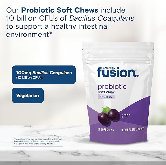 Bariatric Fusion Probiotic Soft Chews | Grape Flavor Chewy Bariatric Vitamin | 10 Billion CFU | Bacillus Coagulans | Support Digestive & Immune Health | 60 Count
