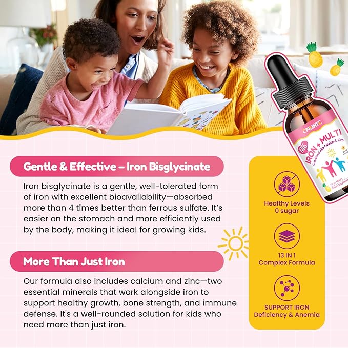 Liquid Iron Supplement for Kids, Women & Men - with Calcium, Zinc, Kids Multivitamin with Iron Drops - Blood Builder & Energy Support for Iron Deficiency, Anemia, Pineapple Flavor 4 Fl Oz