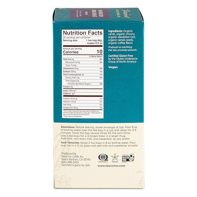 Teeccino Dark Roast Dandelion Tea - Rich & Roasted Herbal Tea That’s Caffeine Free & Prebiotic with Detoxifying Dandelion Root, 25 Tea Bags (Pack of 3)