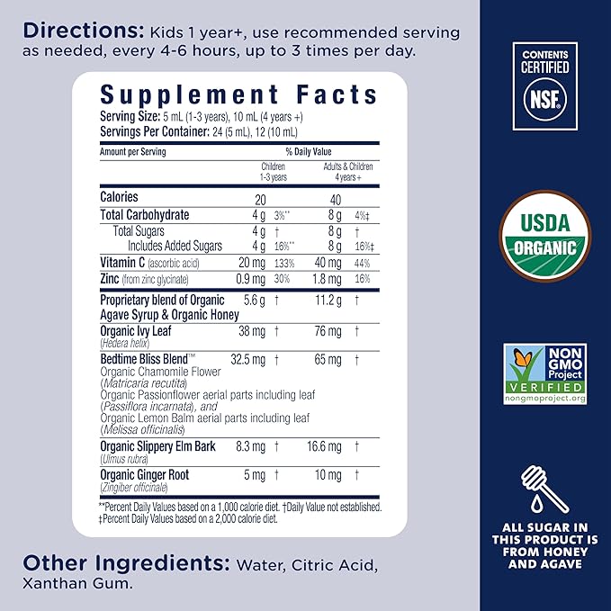 Mommy's Bliss Kids Organic Cough Syrup & Mucus Relief for Night Time, Agave & Honey, Ivy Leaf, Zinc, Vitamin C, Cough Syrup for Kids, +Herbal Nighttime Blend, 4 Fl z