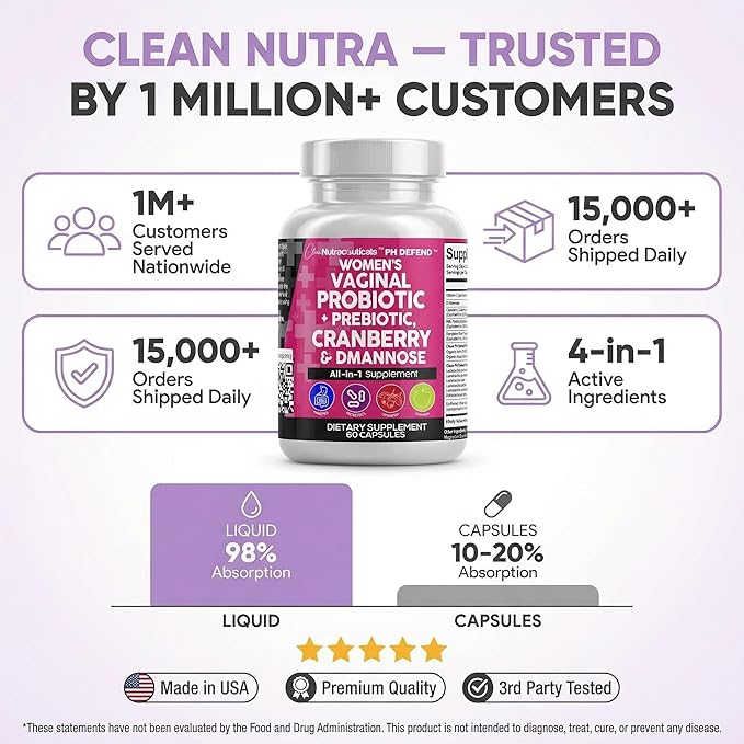 Clean Nutraceuticals Vaginal Probiotics for Women with Cranberry, D-Mannose, Prebiotics, pH Balance Support, Feminine Health, Urinary Tract Cleanse – Capsule Alternative to Gummies – 60 Count