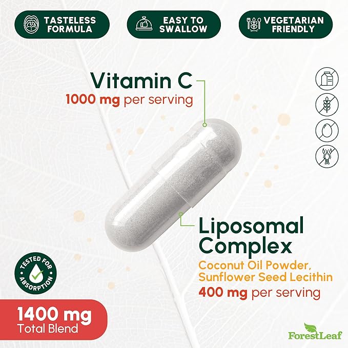 ForestLeaf Liposomal Vitamin C 1400mg Capsules | High Dose Vitamin C Liposomal Supplement w Coconut Oil Fatty Acids | Fast Absorption | Immune Support, Antioxidant, Collagen Production | 240 Vegan Cap