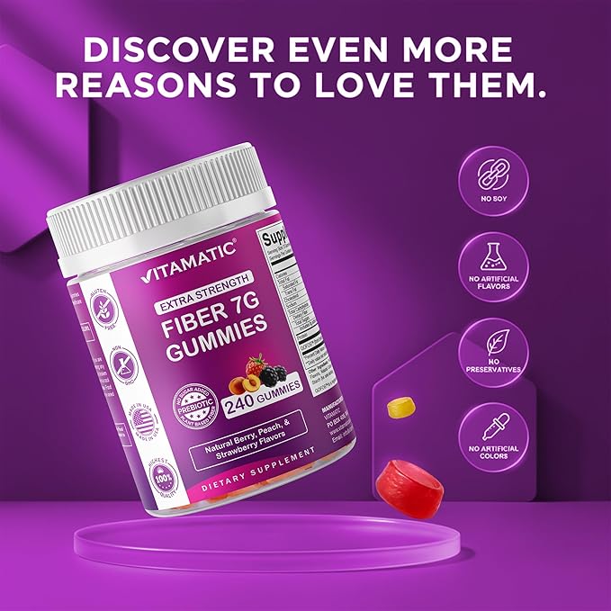 Vitamatic Prebiotic Fiber Gummies for Adults, 7G Extra Strength, Zero Sugar Added, 240 Pectin Based Gummies, Digestive Health & Regularity Support (Pack of 2)