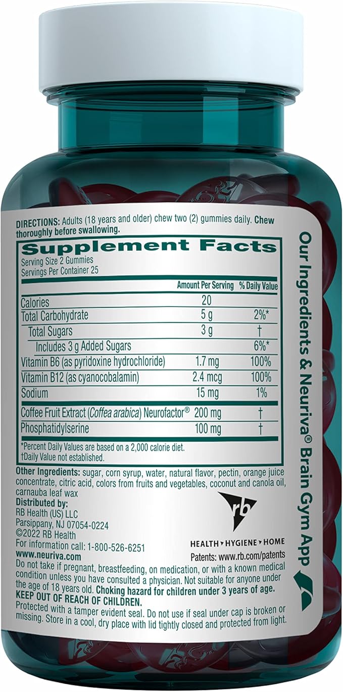 NEURIVA Plus Decaffeinated Nootropic Brain Supplement for Memory, Focus & Concentration & Cognitive Function, Clinically Tested NeuroFactor, Phosphatidylserine, Vitamins B6 B12,50ct Strawberry Gummies