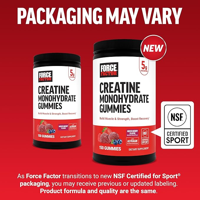Force Factor Creatine Monohydrate Gummies, NSF Certified, 5g Dose for Men & Women to Support Muscle, Strength, Recovery, Cognitive Health & Memory, Mixed Berry, 150 Gummies