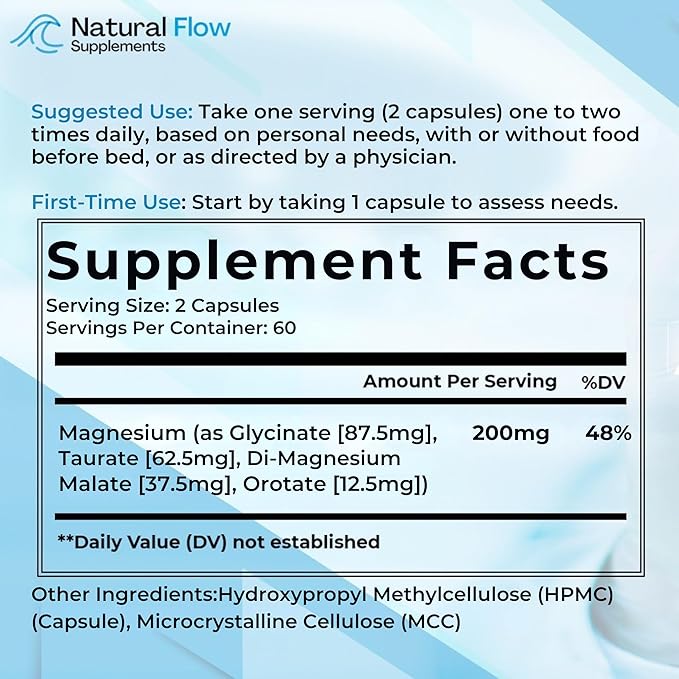 Natural Flow 4X Magnesium Supplement, Magnesium Glycinate, Taurate, Malate, Orotate Complex, Calm Sleep and Cramp Support Blend, No Mag Citrate or Oxide, 120 Capsules