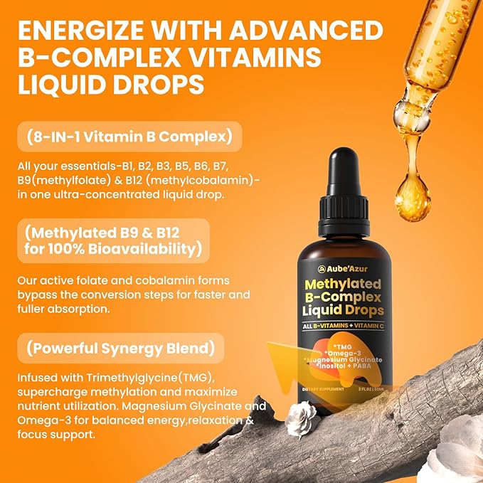 Methylated B Complex Liquid Drop, Liquid B Complex Vitamins for Women, with Methyl B12, Methylfolate, B1, B3, B5, B6, B7, C, Omega-3, Inositol, Magnesium, TMG Supplement for Energy Support, 2 FL OZ