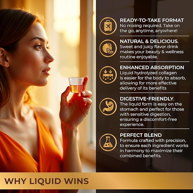 Liquid Collagen Peptides with Biotin & Hyaluronic Acid - Hydrolyzed Bovine Collagen Type 1 and 3, Biotin 10000mcg, Vitamins B5, B6, C & E - Orange Flavor