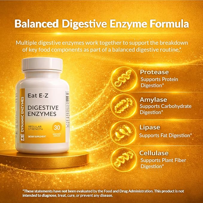Eat E-Z Digestive Enzymes – Broad-Spectrum Enzyme Blend for Proteins, Carbohydrates, Fats, Dairy & Fiber – Supports Digestive Comfort & Occasional Bloating – 30 Capsules