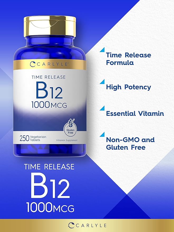 Carlyle B12 Vitamin 1000 mcg | 250 Count | Time Release Tablets | as Cyanocobalamin | Vegetarian, Non-GMO & Gluten Free Supplement