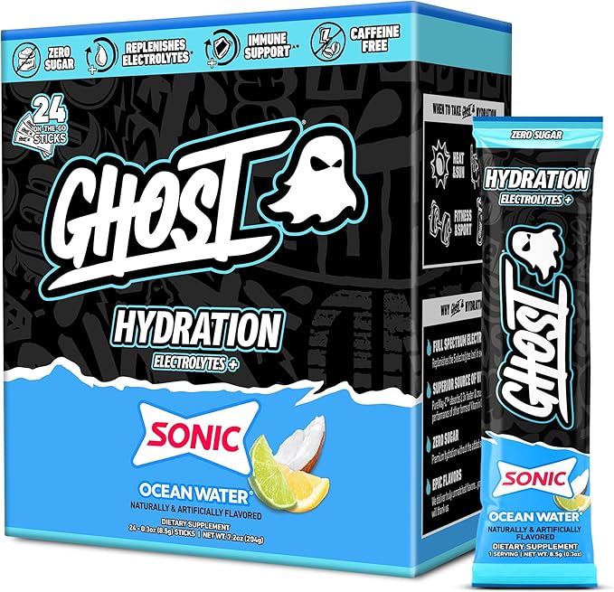 GHOST Hydration Sticks, Electrolyte Powder Packets, Sonic Ocean Water - 24 Sugar Free Instant Electrolyte Drink Mix - Caffeine-Free Daily Hydration & Immune Support with Clean Formula