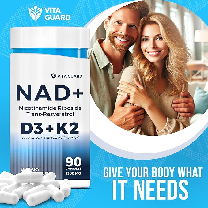 Anti-Aging Energy NAD Supplement – NMN Alternative with Nicotinamide Riboside 1000mg, Trans-Resveratrol 300mg, Vitamin D3 4000 IU and K2 110 mcg MK7 – Vegetarian 60 Capsules, 1300mg