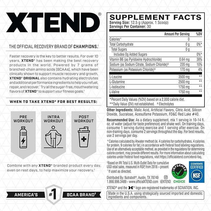 Xtend Original BCAA Powder, 7g BCAAs and 2.5g L-Glutamine for Muscle Recovery Hydration and Lean Muscle, Sugar Free Intra and Post Workout Drink with Electrolytes, Watermelon Explosion, 30 Servings
