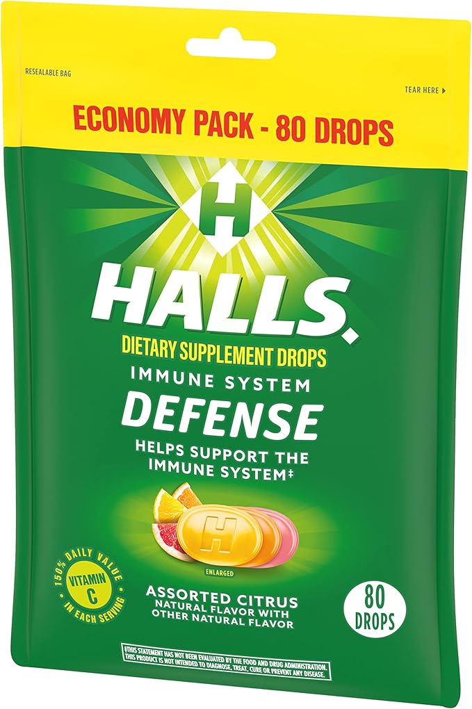 HALLS Defense Assorted Citrus Vitamin C Drops, Dietary Supplement Drops, Economy Pack, 12 Bags (960 Total Drops)