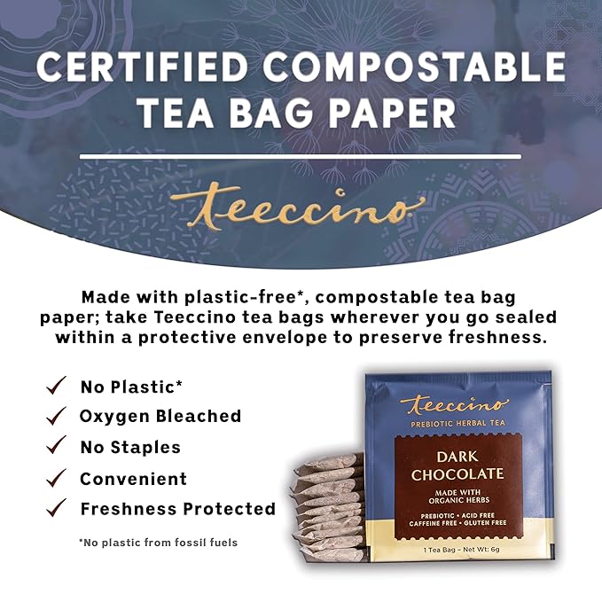 Teeccino Dark Chocolate - Prebiotic SuperBoost™ Herbal Tea - 25 Tea Bags - Support Your Probiotics with Vegan GOS & Organic XOS For Good Gut Health and Regularity, Digestive Chocolate Tea, (Pack of 3)