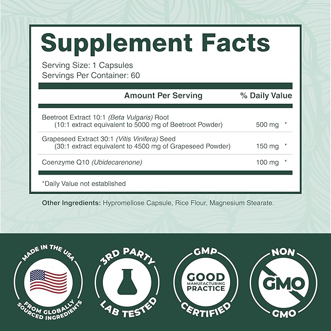 PurePremium Beet Root Capsules - 3-in-1 Blood Pressure Supplements with Beets, CoQ10 & Grapeseed - Beetroot Capsules Nitric Oxide Supplement for Normal Heart Health & Circulation Health - 60ct