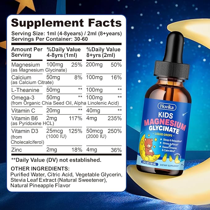 2 Pack Kids Magnesium Glycinate Liquid with L-Theanine Omega-3, Vitamin B6, D3, Zinc, Magnesium Liquid Drops for Kids Sleep, Relaxation, Calm & Focus, Pineapple Flavor
