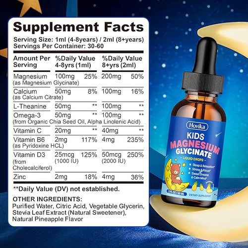 2 Pack Kids Magnesium Glycinate Liquid with L-Theanine Omega-3, Vitamin B6, D3, Zinc, Magnesium Liquid Drops for Kids Sleep, Relaxation, Calm & Focus, Pineapple Flavor