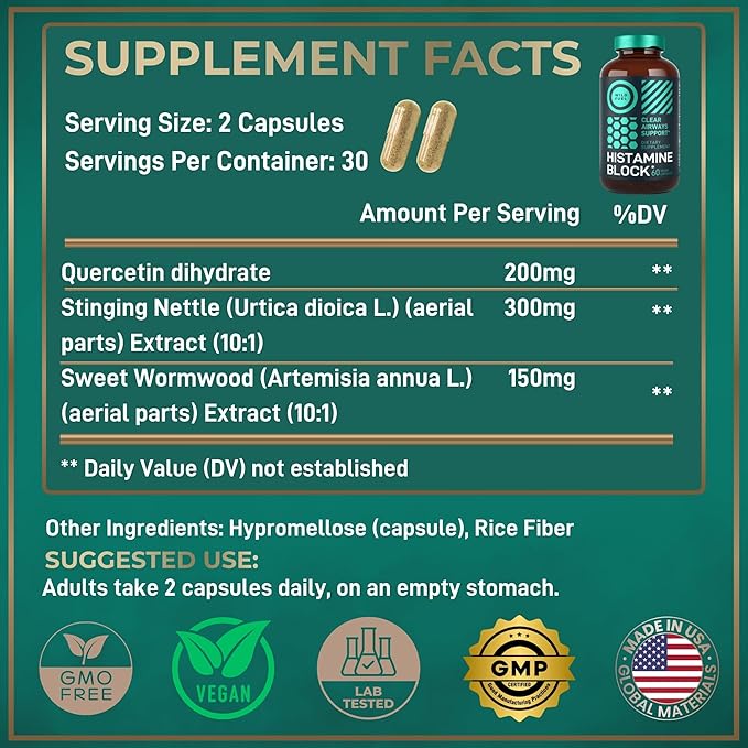 Histamine Block 10:1 Flavonoids Supplements - Quercetin, Stinging Nettle, Atermesia Natural Source Flavonoids - Seasonal Allergy Balance, Histamine Blocker - 60 Homeopathic Allergy Relief D-Hist Caps